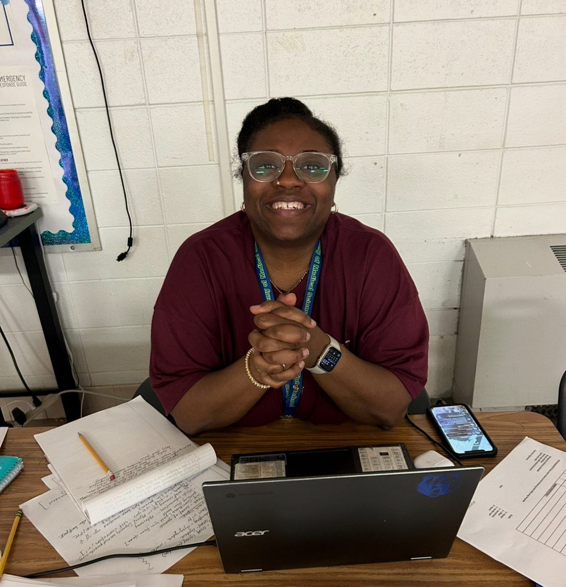 Ms. Sherley takes time out of her schedule to talk to Banner Staff. Ms. Sherley is in her second year at Sylvan Hills. 