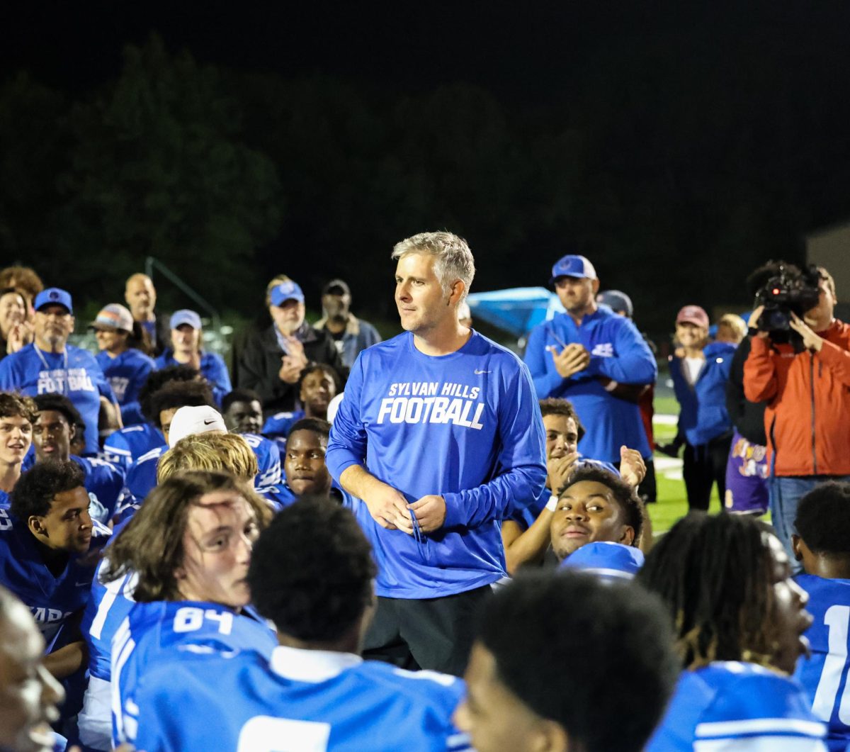 Coach Kelley speaks to the team after the Bears win 55-54 against Maumelle. Coach Kelley congratulated his players but informed them the job is not done. 